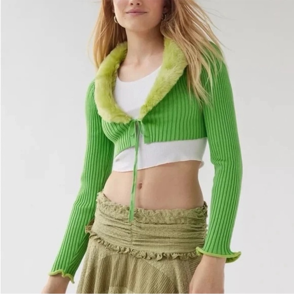 Urban Outfitters Lime Green Ribbed Cardigan with Faux Fur Collar